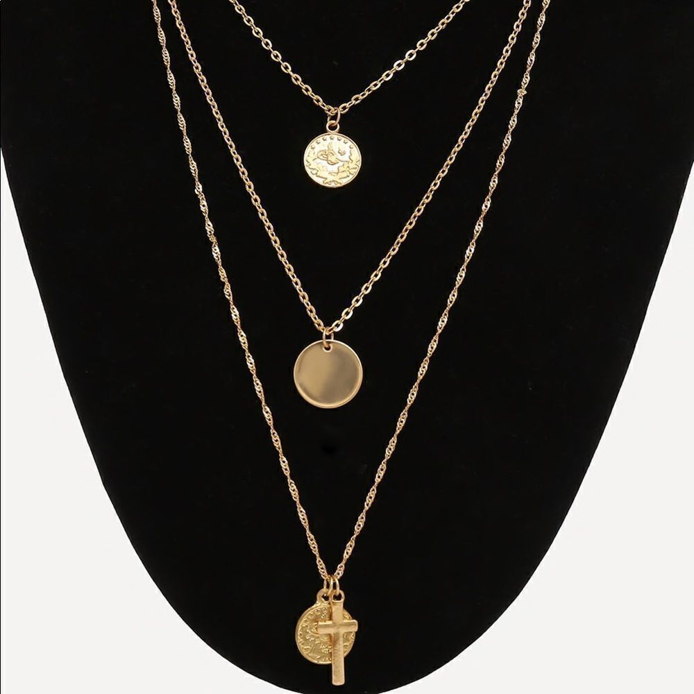 Layered Coin Cross Chain Necklace - Picture 2 of 3